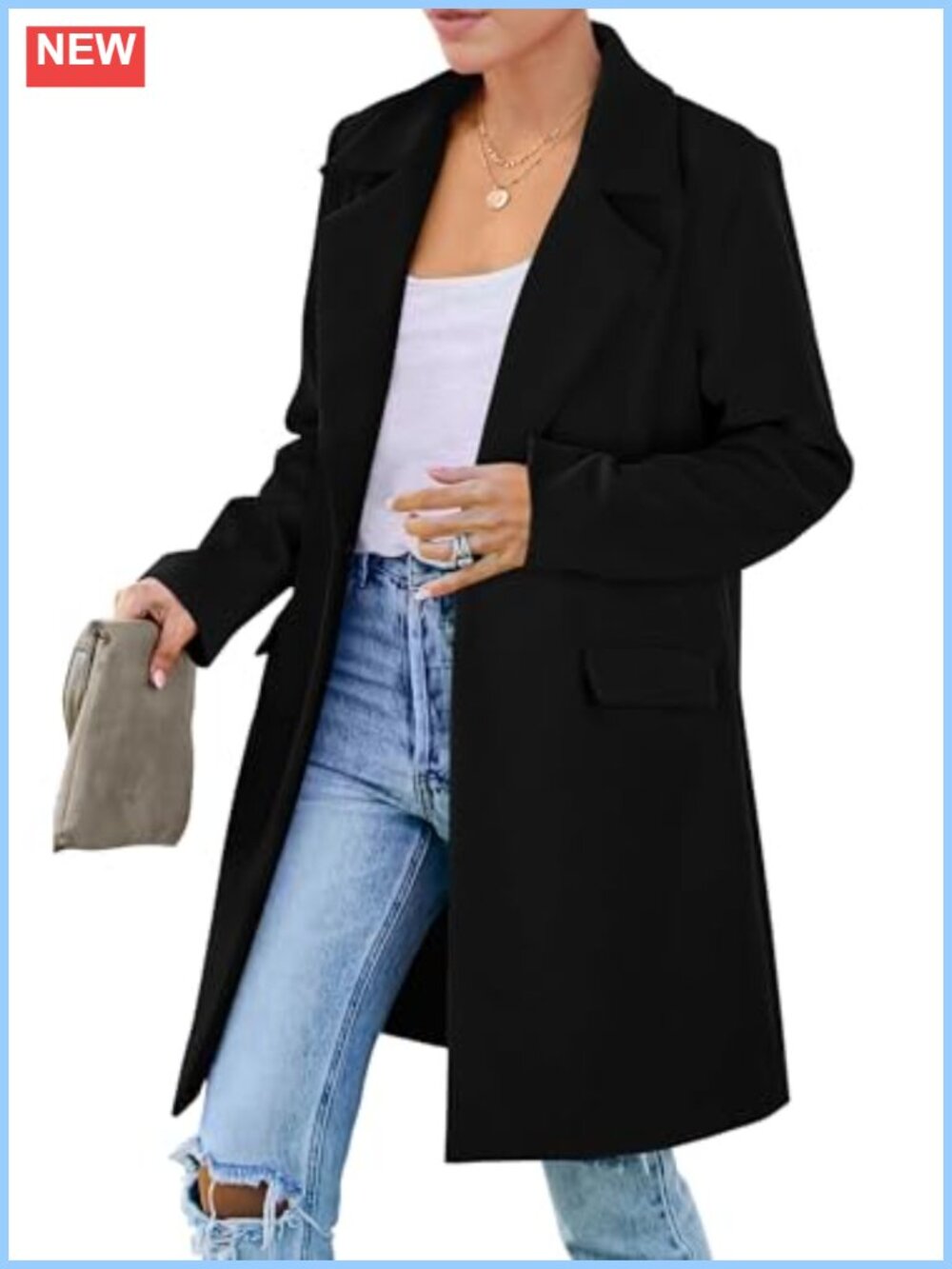 Women's Business Casual Long Blazer Jacket Notch Lapel Padded Shoulder Flap
